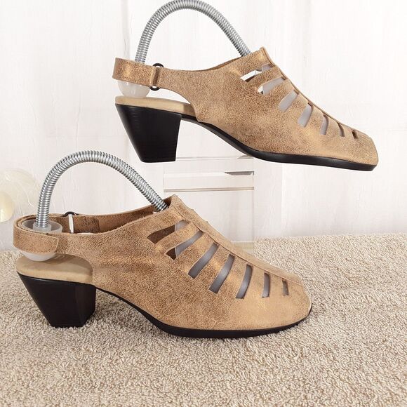 MUNRO Slingback Sandals sz 9W, Abby, Metallic/Gold Leather, Peep Toe Heels Shoes - Picture 3 of 12